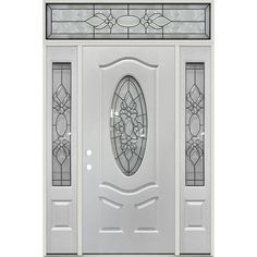 a white front door with glass panels and a decorative window above the entry door, on a white background