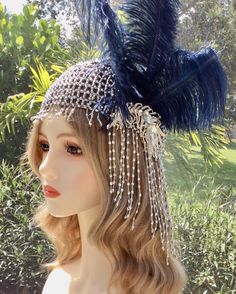 Stunning Downton Abbey style headpiece is the perfect accessory for any retro event. Piece is made to stretch over any size head. Great for an art deco flapper party.  Feathers are navy blue. Retro Event, 20’s Fashion, Flapper Party, Chain Headpiece, Downton Abbey Fashion, Roaring 20, Flapper Hat, Hair Chains, Wedding Accessory