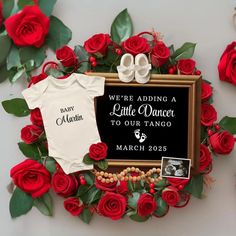 Unique pregnancy announcement for a new baby. Red rose floral pregnancy announcement design that is simple and elegant. Perfect to post on social media, share with grandparents, or family and friends. This unique Tango dance pregnancy announcement is cute for dancer families. Rose Dance, Unique Pregnancy Announcement, Creative Pregnancy Announcement, First Pregnancy, Red Baby, Baby Reveal