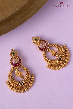 tarinika classic two layered antique chandbali earrings Kempu Earrings Gold, Chand Bali Earrings Gold, Chandbali Earrings Gold, Gold Chandbali, Gold Earrings Models, Antique Gold Jewelry Indian, Gold Jewellry, Beautiful Objects, Thanksgiving Sale