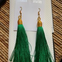 Beautiful Emerald Green Color Fringe Earrings With Gold Accent. Great Accent Piece To Any Green Top Or Outfit. Brand New. Green Tassel Earrings As Gift, Elegant Green Tassel Earrings For Summer, Green Beaded Fringe Tassel Earrings Gift, Elegant Green Tassel Earrings With Fringe, Bohemian Green Tassel Fringe Earrings, Green Tassel Dangle Chandelier Earrings, Green Fringe Drop Earrings, Green Tops, Fringe Earrings