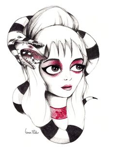 a drawing of a woman with makeup and snake on her head