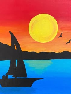 an acrylic painting of a sailboat at sunset