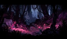 a dark forest filled with lots of purple plants