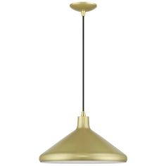 a brass colored pendant light hanging from the ceiling