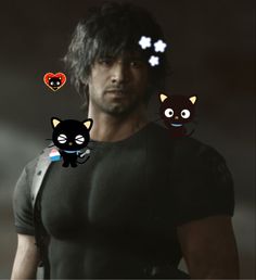 an image of a man with cats on his head and another cat in the background