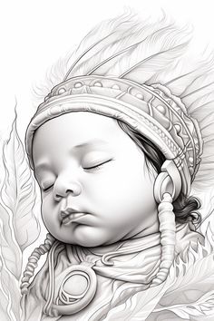 a black and white drawing of a baby wearing headdress with feathers on it