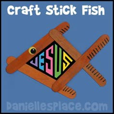 an image of a fish made out of wood with the words craft stick fish on it