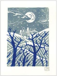 a blue and white drawing of trees in front of a night sky with the moon