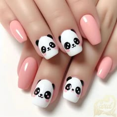 Cute Nail Art Acrylic, Nail Panda Design, Panda Acrylic Nails, Cute Panda Nail Art, Panda Nails Art, Panda Nails Designs, Panda Nail Art Design, Nail Panda, Kids Manicure Ideas