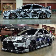 two pictures of the same car with camouflage paint job on one side and another photo of it