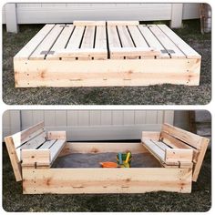 two pictures of a bed made out of wooden pallets and some sand in the middle