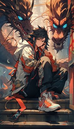 an anime character sitting on the steps with two dragon heads