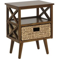 an end table with a basket underneath it