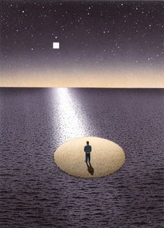 a man standing on top of a large body of water under a sky filled with stars