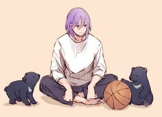 a person sitting on the ground with three bears and a basketball in front of them