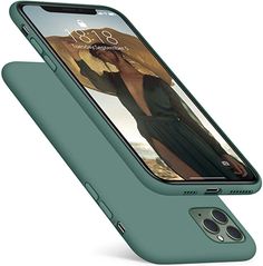 an iphone case with a camera attached to the front and back sides, in teal green