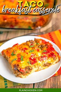 a close up of a slice of taco breakfast casserole on a plate