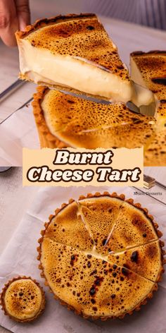 there are several different types of cheese tarts on the table and one is cut in half