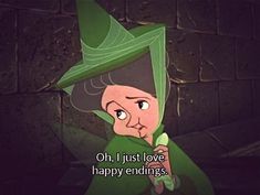 an animated character with a hat and green coat on, saying oh i just love happy endings