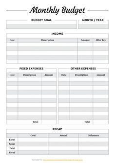 a printable budget sheet with the words, budget goal and other items on it