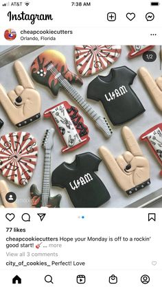 the instagram page is filled with cookies and decorated like guitars, t - shirts, and other items