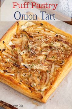 puff pastry with onion tart on top and the title overlay reads puff pastry onion tart