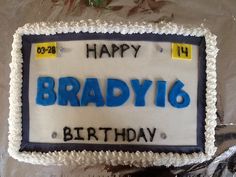 a birthday cake with the words happy brady 16 on it's frosting and icing