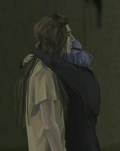 two people are hugging each other in the middle of an animated scene, one person is holding his arm around the other's neck