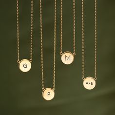 The perfect personalized gift for anyone - engrave your own initial with a loved one's initial. This pendant necklace features a small classic round disc on a delicate, diamond-cut cable chain from our signature O Collection. Gold Vermeil (Thick layer of Gold plated over Sterling Silver) Disc diameter 0.4in (1cm) Adjustable chain: 15-17in (38-43cm) Laser Engraving Letter Height: 2mm Spring clasp closure Hypoallergenic, lead and nickel free #256G Classic Everyday Customizable Necklaces, Classic Everyday Customizable Necklace, Classic Charm Necklaces With Cable Chain For Gift, Classic Charm Necklace With Cable Chain As Gift, Classic Charm Necklace With Cable Chain For Gift, Minimalist Nameplate Necklace With Initials, Minimalist Initials Nameplate Necklace, Classic Customizable Initial Pendant Necklace, Minimalist Yellow Gold Initial Necklace For Personalized Gift