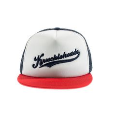 Red and Navy Knuckleheads Trucker Hat Summer Snapback Baseball Cap With Breathable Mesh, Summer Trucker Hat With Breathable Mesh, Summer Trucker Hat With Breathable Mesh And Curved Brim, Summer Snapback Trucker Hat With Breathable Mesh, Flat Bill Hats For Baseball Season, Outdoor Flat Bill Hats For Baseball Season, Mesh Snapback Baseball Cap For Outdoor, Beach Mesh Snapback Hat, Adjustable Snapback Hat With Breathable Mesh