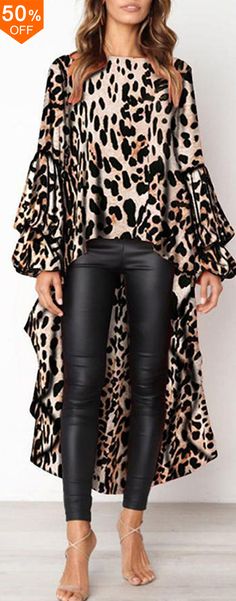 50% off&Free shipping. Women Leopard Print Long Sleeve Irregular Hem Blouse Dip Hem Blouse, Leopard Print Outfits, Lantern Sleeved Blouses, Gaun Fashion, High Low Maxi Dress, Leopard Blouse, Leopard Fashion, Leopard Print Top, Leopard Print Blouse