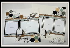 two different layouts for a scrapbook with honeycombs and leaves on them