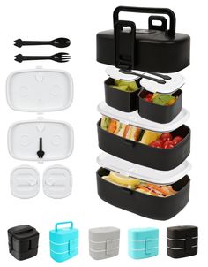 four containers with food in them are stacked on top of one another and the other has utensils