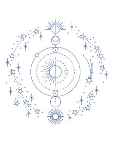 the sun, moon and stars are arranged in a circle on a white background with blue lines