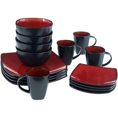 a red and black dinner set with cups