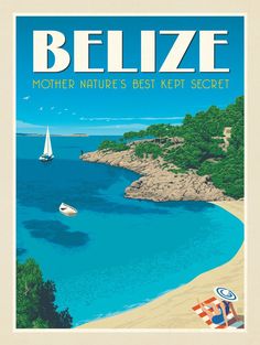 a poster advertising a beach resort with boats on the water and trees in the background