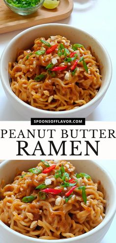 Image showing creamy peanut butter noodles in a white bowl. Peanut Butter Ramen Noodles, Butter Ramen Noodles, Bbq Favorites, Peanut Butter Ramen