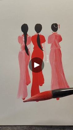 a drawing of three women in red dresses and one is using a brush to draw