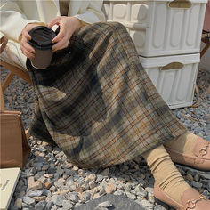 Details: Long plaid skirt with high-waist design Skirt Length: Long Materials:95% Polyester + 5% Spandex Cheap Maxi Skirts, Skirts Winter, Plaid Maxi Skirt, Long Plaid Skirt, Grunge Skirt, Dark Academia Clothing, Stylish Skirts, Skirts Midi High Waisted, Winter Skirt