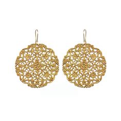 Intricately detailed circles of brass lace add a bold but romatic touch to your look. Gold-plated wires. Nickel and lead free. 2.5" [6 cm] long. Elegant Nickel-free Medallion Earrings, Bronze Filigree Jewelry, Brass Filigree Hoop Earrings For Wedding, Ornate Round Chandelier Earrings With Intricate Design, Elegant Antique Gold Brass Chandelier Earrings, Elegant Circular Metal Earrings, Elegant Circle Metal Earrings, Wedding Circle Earrings In Metal, Elegant Metal Chandelier Earrings With Adjustable Fit