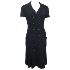 Check out this item from 1stdibs! Chanel Black Wool Short Sleeves Double Breasted Long Dress : https://www.1stdibs.com/id-v_3363743 Dresses Chanel, Chenille Dress, Louis Vuitton Dress, Woolen Dresses, Chanel Dress, Moschino Couture, Gowns With Sleeves, Sleeve Dresses, Fall Collection