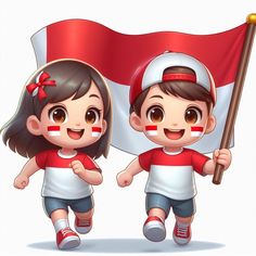 two children holding a flag and walking together