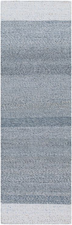 a blue and white rug with horizontal lines on the bottom, in two different colors