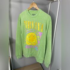 Sold Out Hard To Find Rare Green Nirvana Smiley Face Graphic Oversized Sweatshirt Tie Dye Oversized Yellow Casual Sweatshirt, Yellow Oversized Sweatshirt For Loungewear, Oversized Yellow Sweatshirt For Loungewear, Oversized Yellow Tops For Loungewear, Casual Yellow Sweatshirt For Loungewear, Nirvana Smiley Face, Smiley Face Graphic, Sweatshirt Tie Dye, Face Graphic