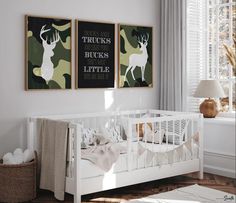 a baby's room with two posters on the wall and a crib in the foreground