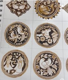 six different designs on the side of a white paper with gold trimmings and black ink