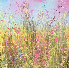 an abstract painting of flowers and grass with blue sky in the backgrounnd