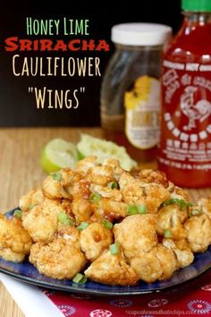 honey lime sriraca cauliflower wings on a blue plate