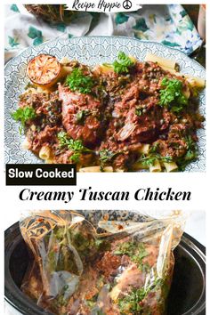 slow cooked creamy italian chicken is in the crock pot and ready to be eaten